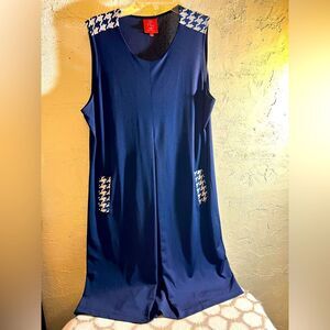 Women’s Dress Chic Navy Blue Sleeveless Dress w/Houndstooth Accents and pockets